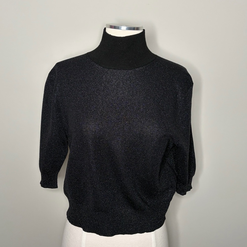 Rachel Comey Shimmering Black Turtleneck Half-Sleeve Sweater